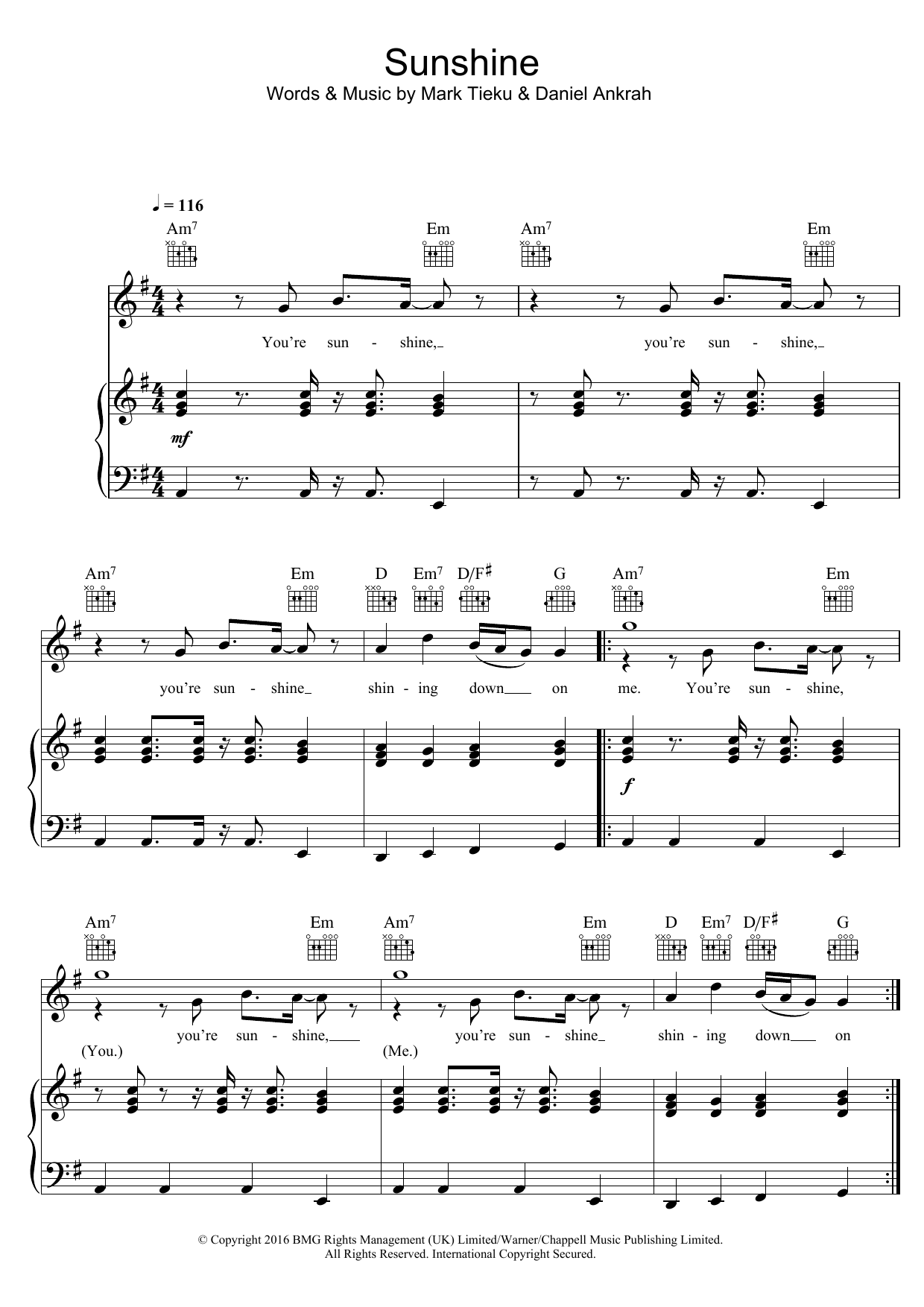 TIEKS Sunshine (featuring Dan Harkna) sheet music notes and chords arranged for Piano, Vocal & Guitar Chords