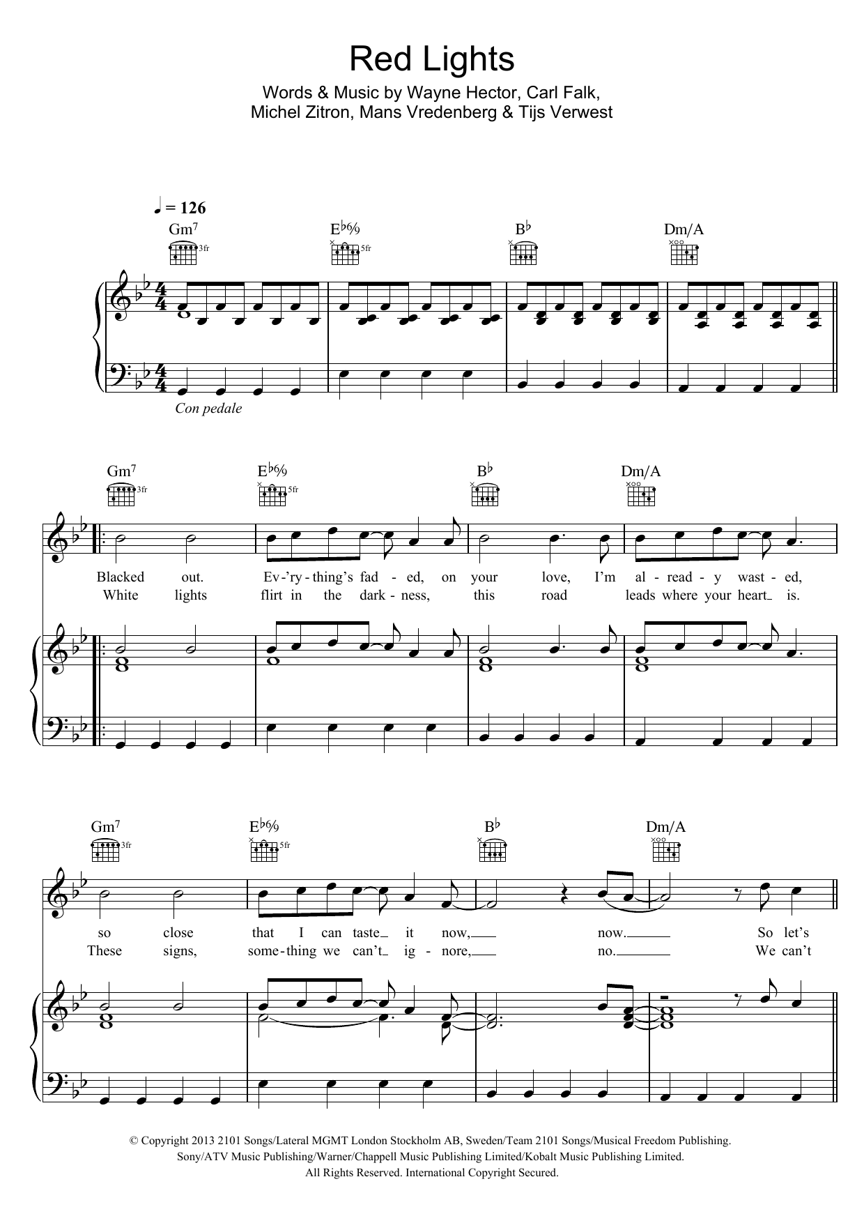 Tiesto Red Lights sheet music notes and chords arranged for Piano, Vocal & Guitar Chords