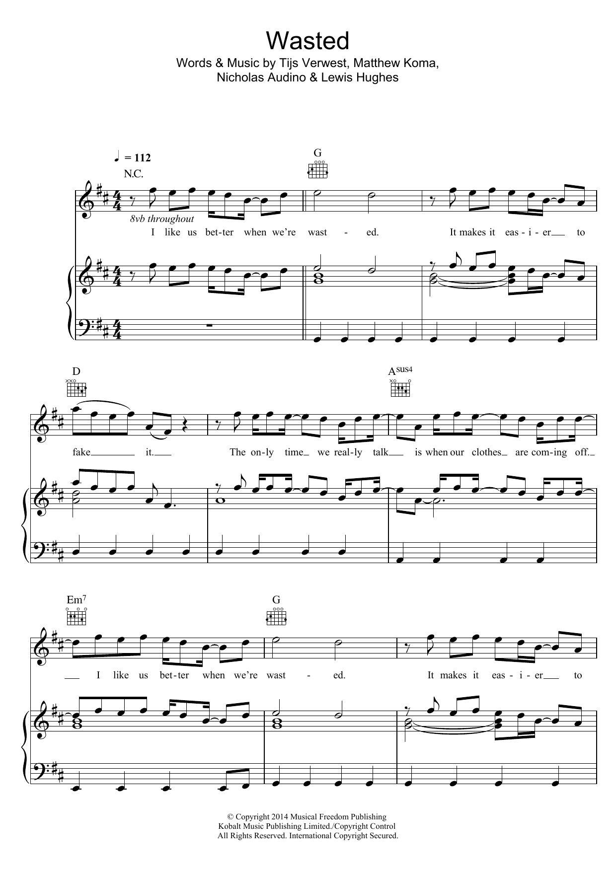Tiesto Wasted (featuring Matthew Koma) sheet music notes and chords arranged for Piano, Vocal & Guitar Chords