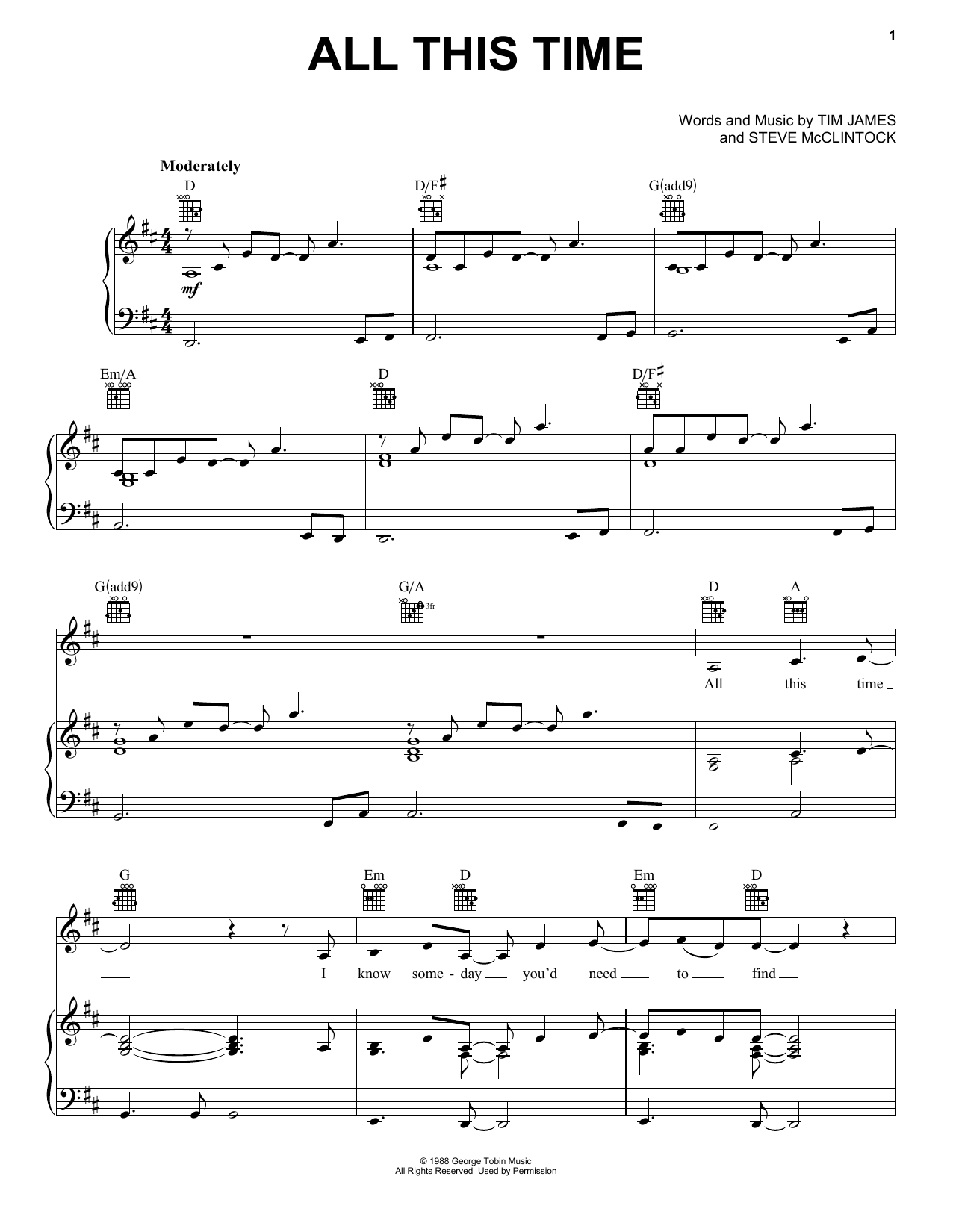 Tiffany All This Time sheet music notes and chords arranged for Piano, Vocal & Guitar Chords (Right-Hand Melody)
