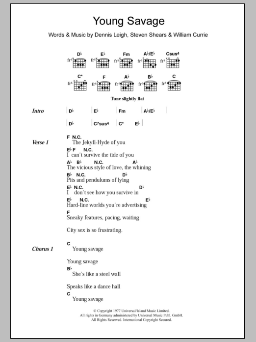 Tiger Lily  Young Savage sheet music notes and chords arranged for Guitar Chords/Lyrics