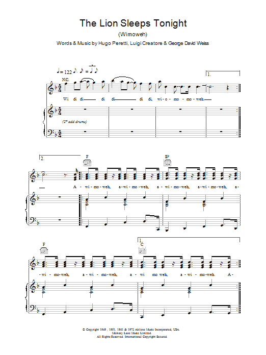 Tight Fit The Lion Sleeps Tonight (Wimoweh) sheet music notes and chords arranged for Piano, Vocal & Guitar Chords