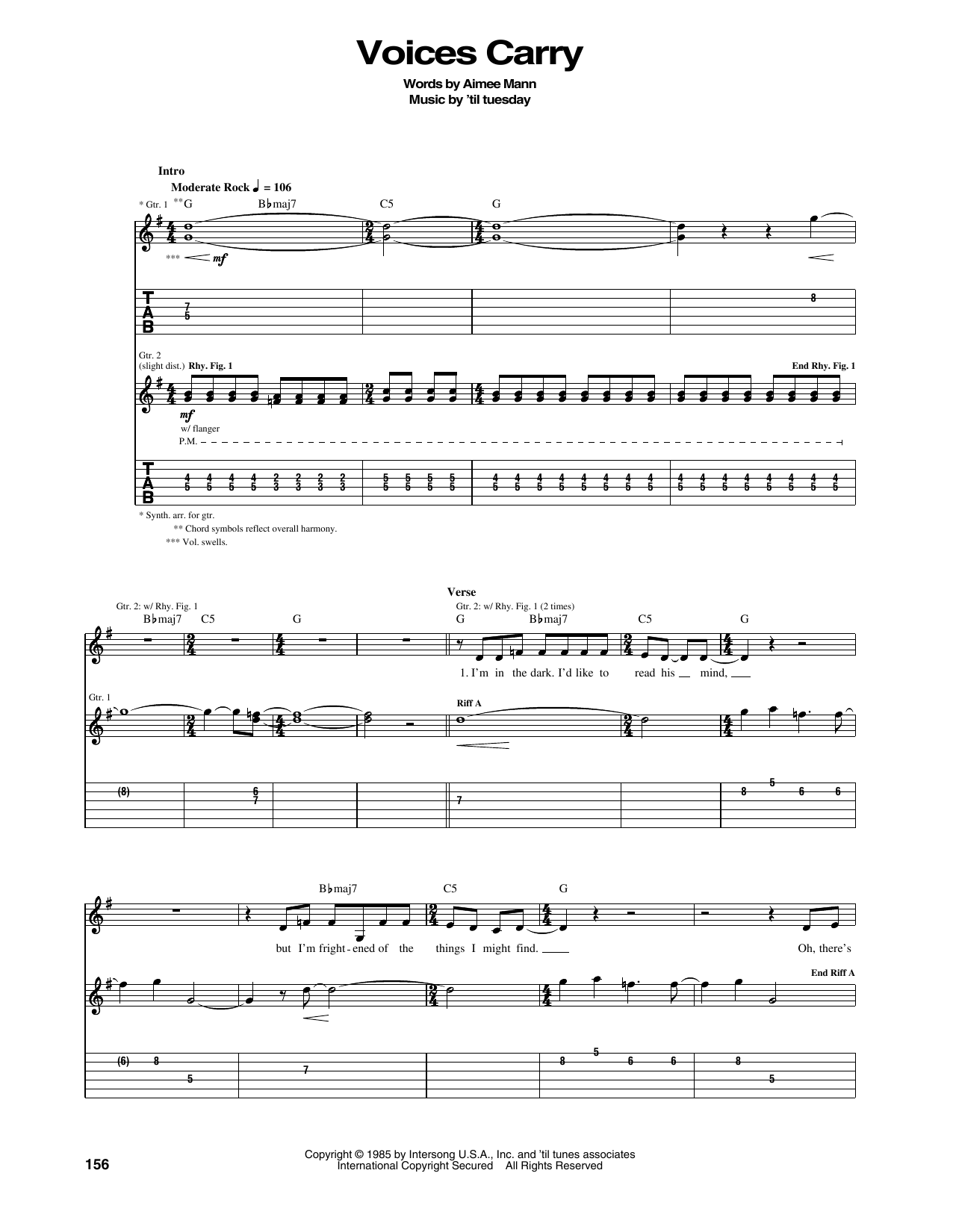 'til tuesday Voices Carry sheet music notes and chords arranged for Piano, Vocal & Guitar Chords (Right-Hand Melody)