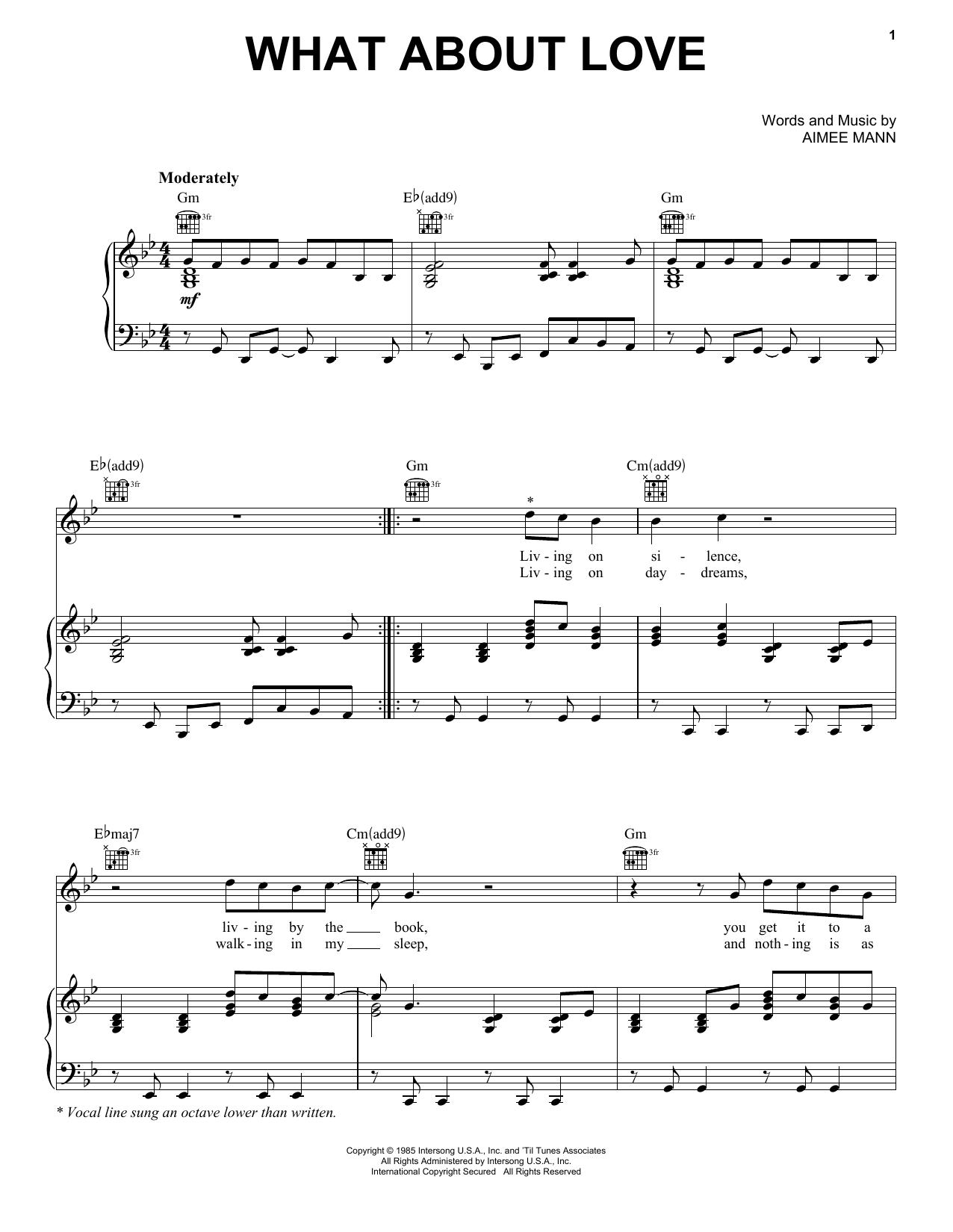'Til Tuesday What About Love sheet music notes and chords arranged for Piano, Vocal & Guitar Chords (Right-Hand Melody)