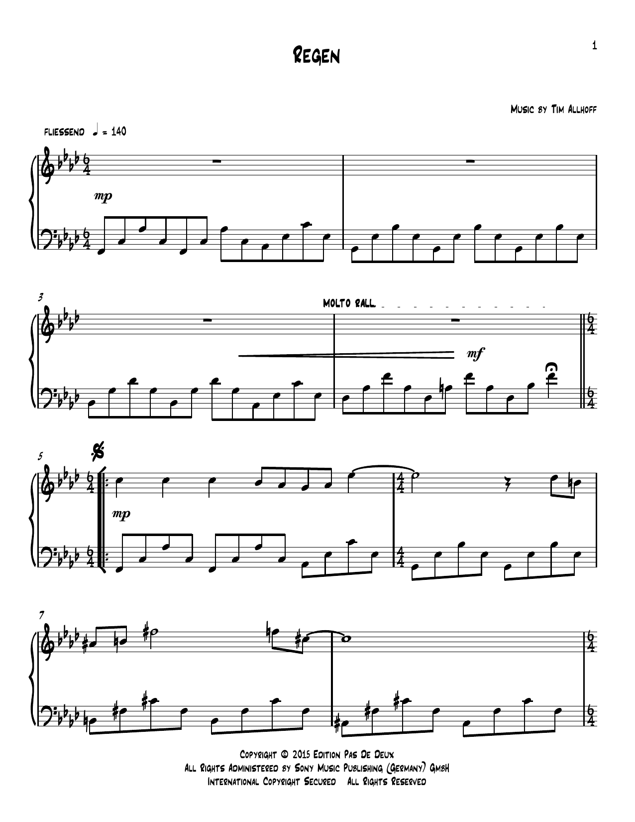 Tim Allhoff Regen sheet music notes and chords arranged for Piano Solo