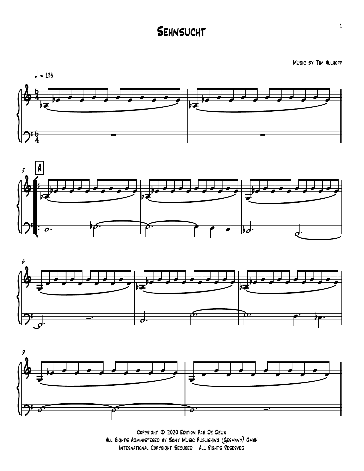 Tim Allhoff Sehnsucht sheet music notes and chords arranged for Piano Solo