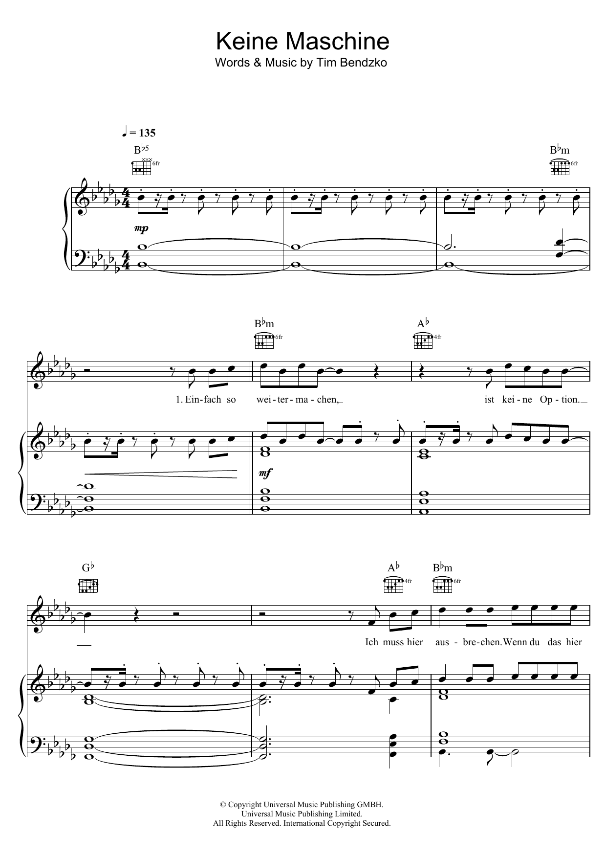 Tim Bendzko Keine Maschine sheet music notes and chords arranged for Piano, Vocal & Guitar Chords