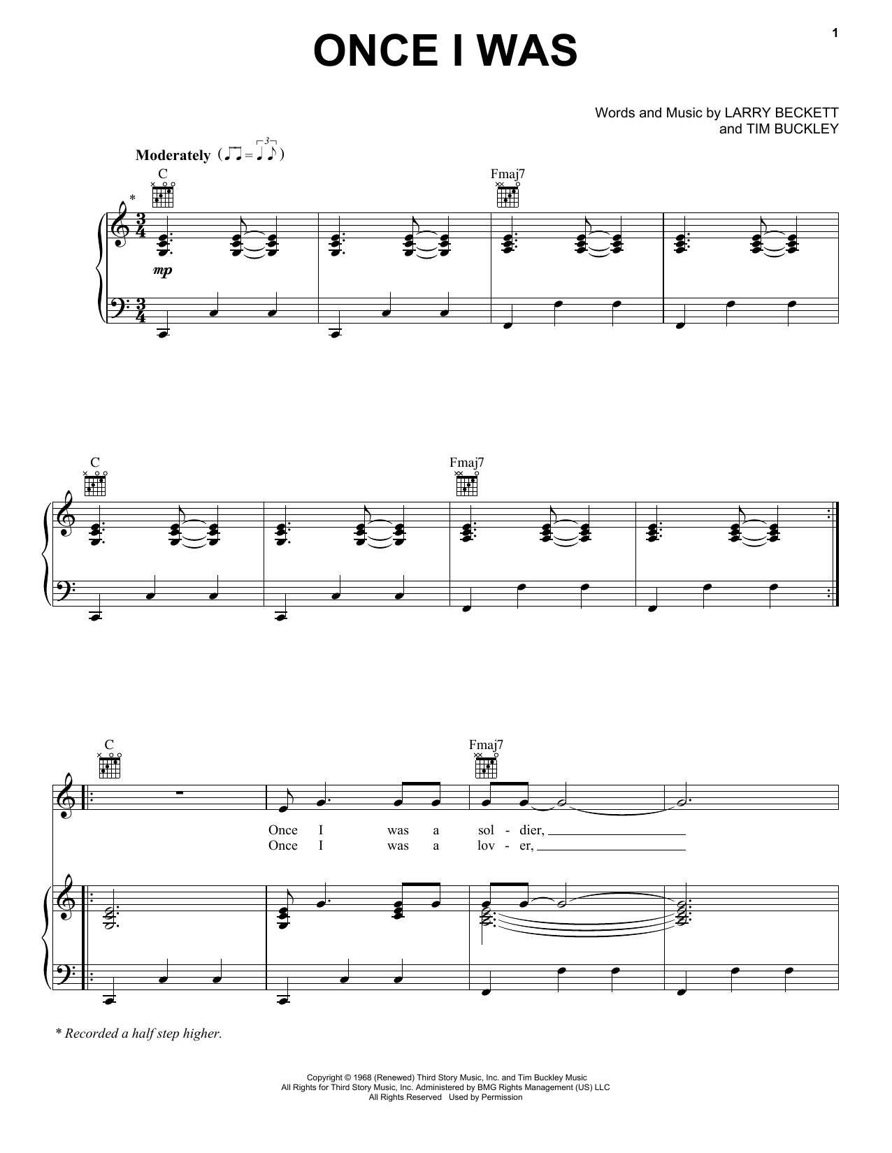 Tim Buckley Once I Was sheet music notes and chords arranged for Piano, Vocal & Guitar Chords (Right-Hand Melody)