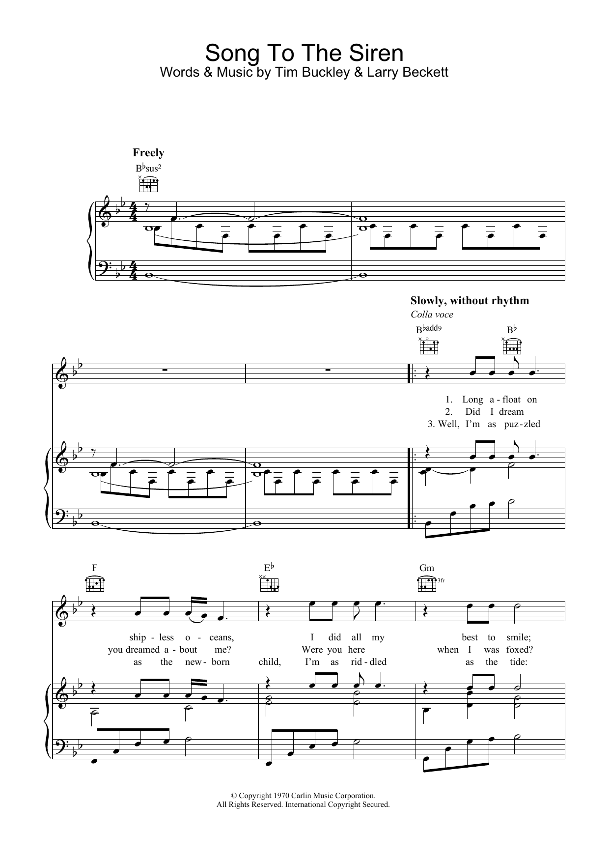Tim Buckley Song To The Siren sheet music notes and chords arranged for Piano, Vocal & Guitar Chords