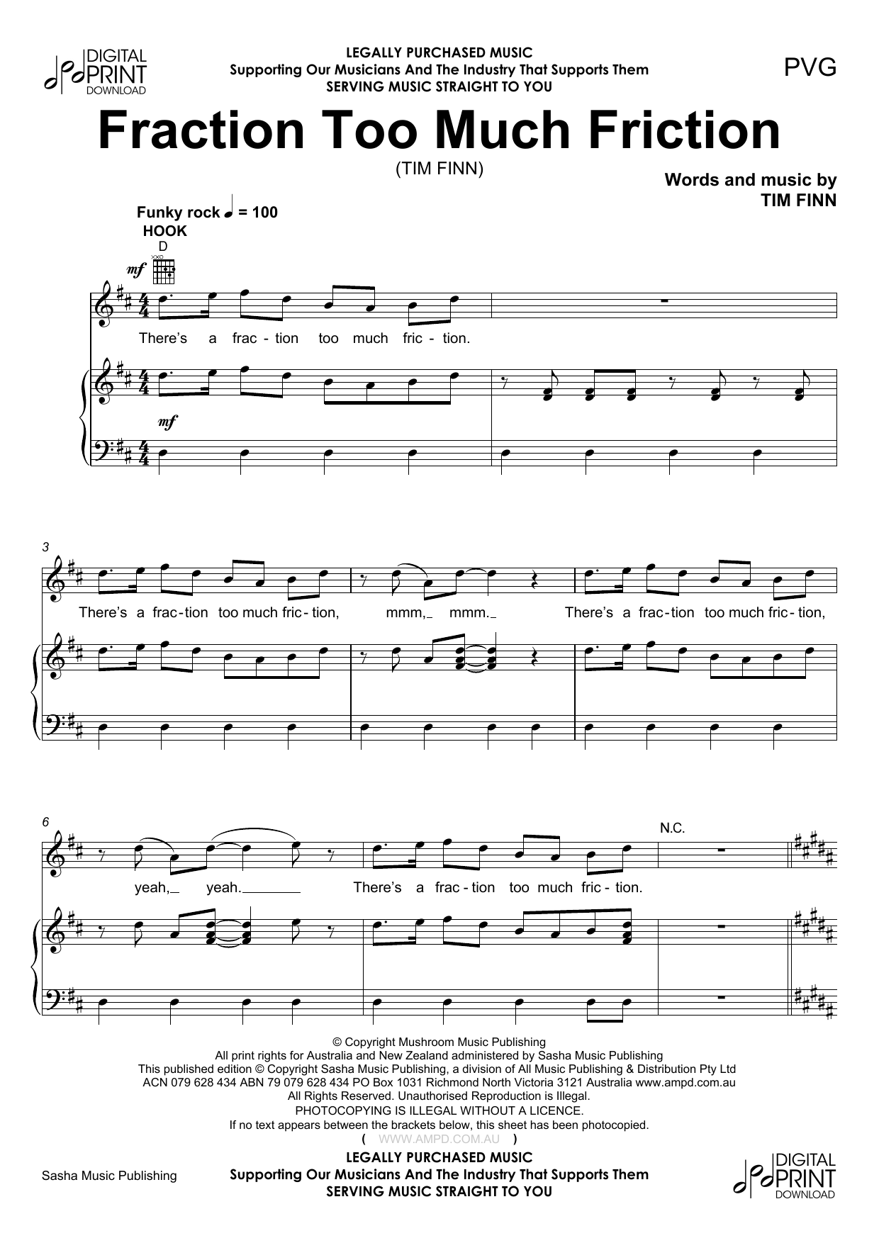 Tim Finn Fraction To Much Friction sheet music notes and chords arranged for Piano, Vocal & Guitar Chords (Right-Hand Melody)
