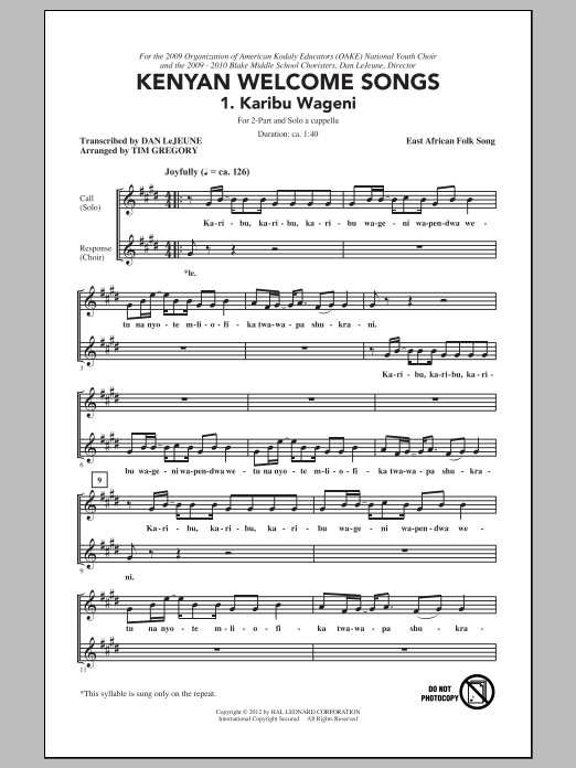 Tim Gregory Karibu Wageni (Welcome Visitors) sheet music notes and chords arranged for 2-Part Choir
