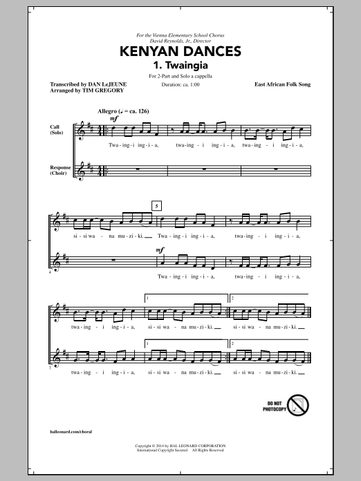 Tim Gregory Kwaheri sheet music notes and chords arranged for 2-Part Choir