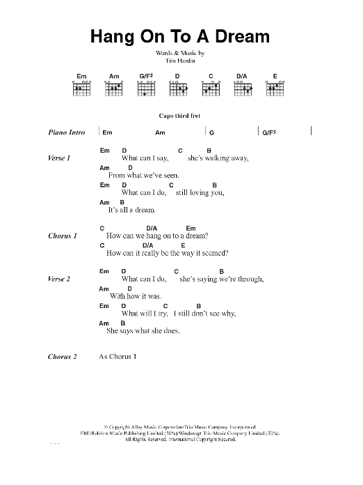 Tim Hardin Hang On To A Dream sheet music notes and chords arranged for Guitar Chords/Lyrics