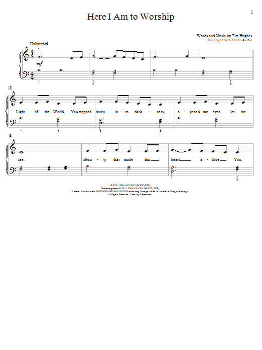 Tim Hughes Here I Am To Worship (arr. Glenda Austin) sheet music notes and chords arranged for Educational Piano