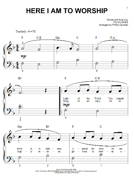 Tim Hughes Here I Am To Worship (arr. Phillip Keveren) sheet music notes and chords arranged for Easy Piano