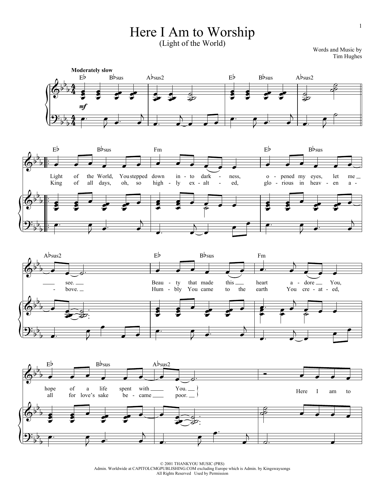 Tim Hughes Here I Am To Worship (Light Of The World) sheet music notes and chords arranged for Super Easy Piano