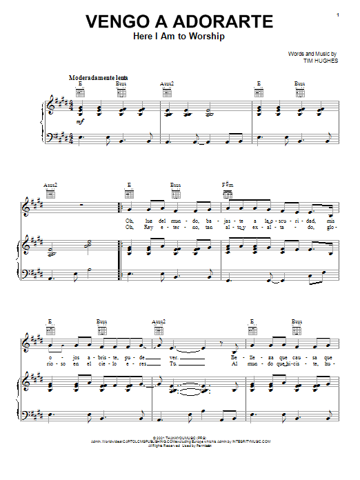 Tim Hughes Here I Am To Worship (Light Of The World) [Spanish version] sheet music notes and chords arranged for Piano, Vocal & Guitar Chords (Right-Hand Melody)