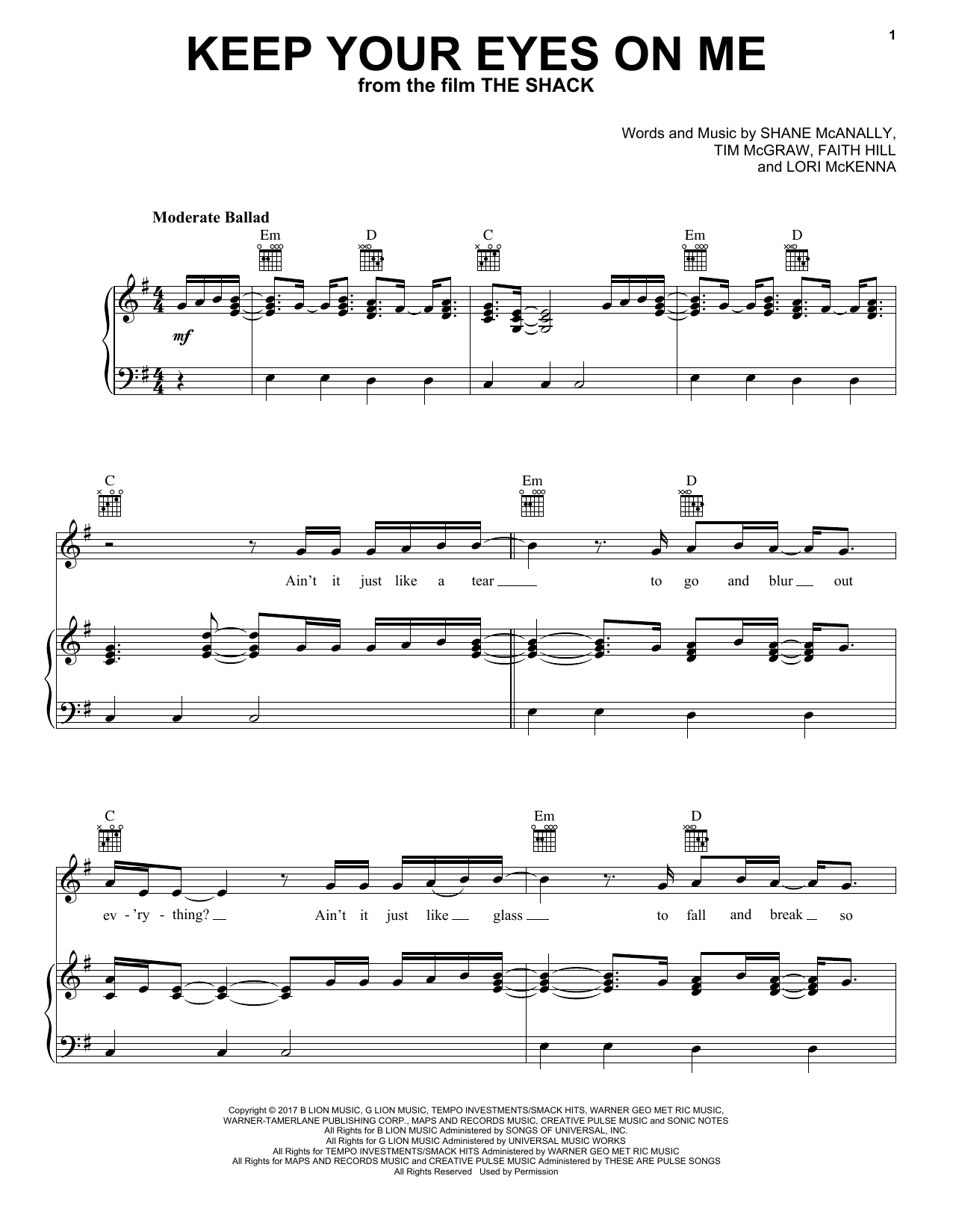 Tim McGraw and Faith Hill Keep Your Eyes On Me (from The Shack) sheet music notes and chords arranged for Piano, Vocal & Guitar Chords (Right-Hand Melody)