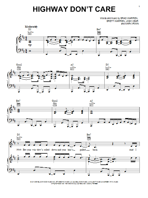 Tim McGraw Highway Don't Care sheet music notes and chords arranged for Piano, Vocal & Guitar Chords (Right-Hand Melody)