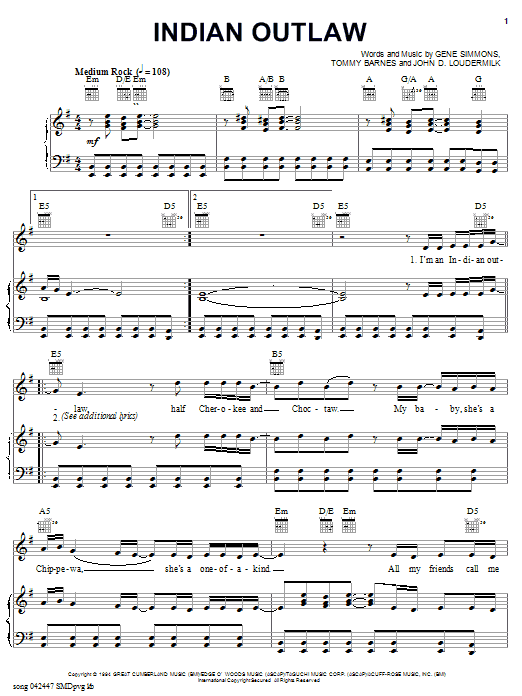 Tim McGraw Indian Outlaw sheet music notes and chords arranged for Piano, Vocal & Guitar Chords (Right-Hand Melody)