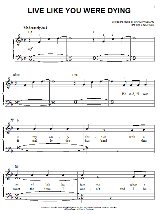 Tim McGraw Live Like You Were Dying sheet music notes and chords arranged for Piano, Vocal & Guitar Chords (Right-Hand Melody)