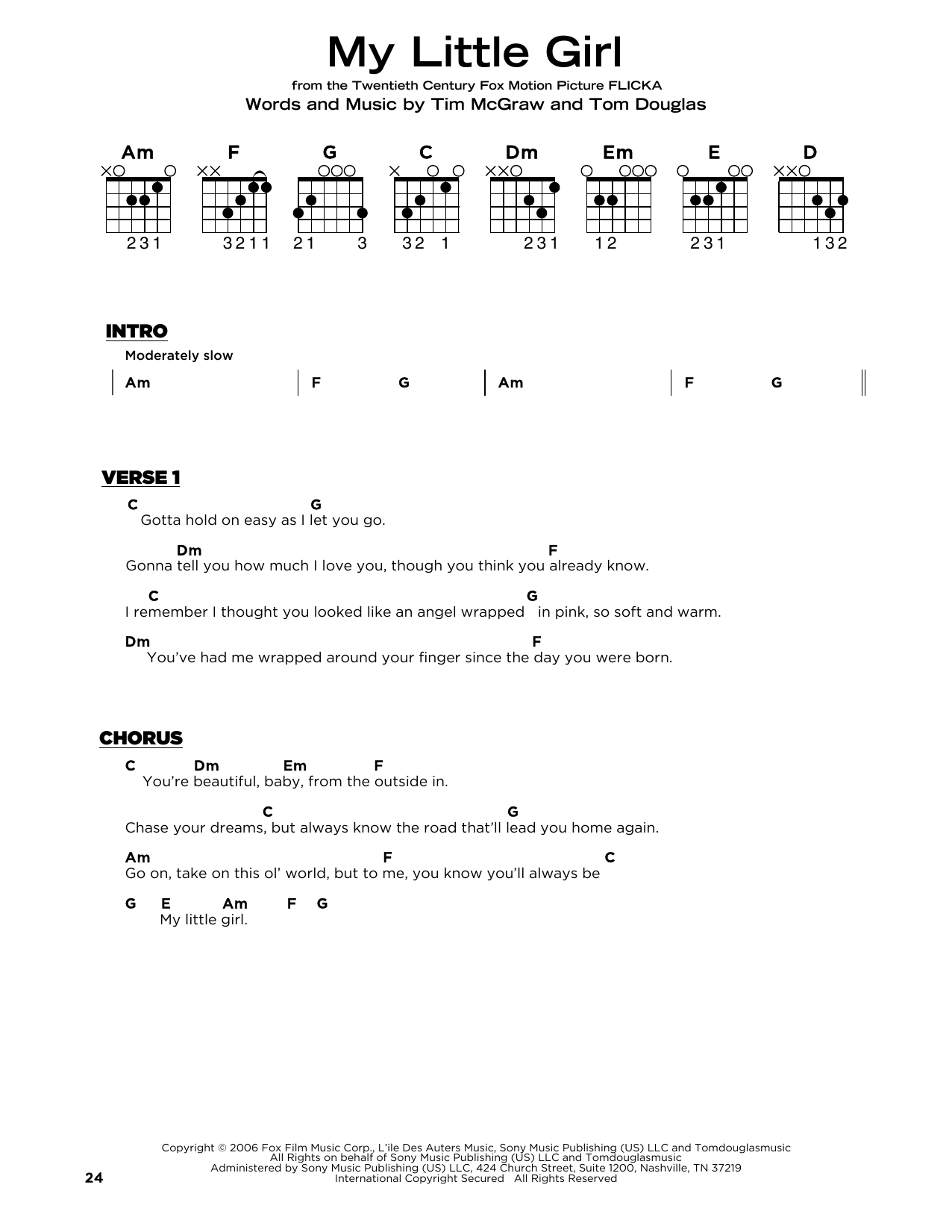 Tim McGraw My Little Girl (from My Friend Flicka) sheet music notes and chords arranged for Really Easy Guitar