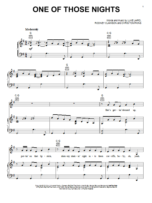 Tim McGraw One Of Those Nights sheet music notes and chords arranged for Piano, Vocal & Guitar Chords (Right-Hand Melody)