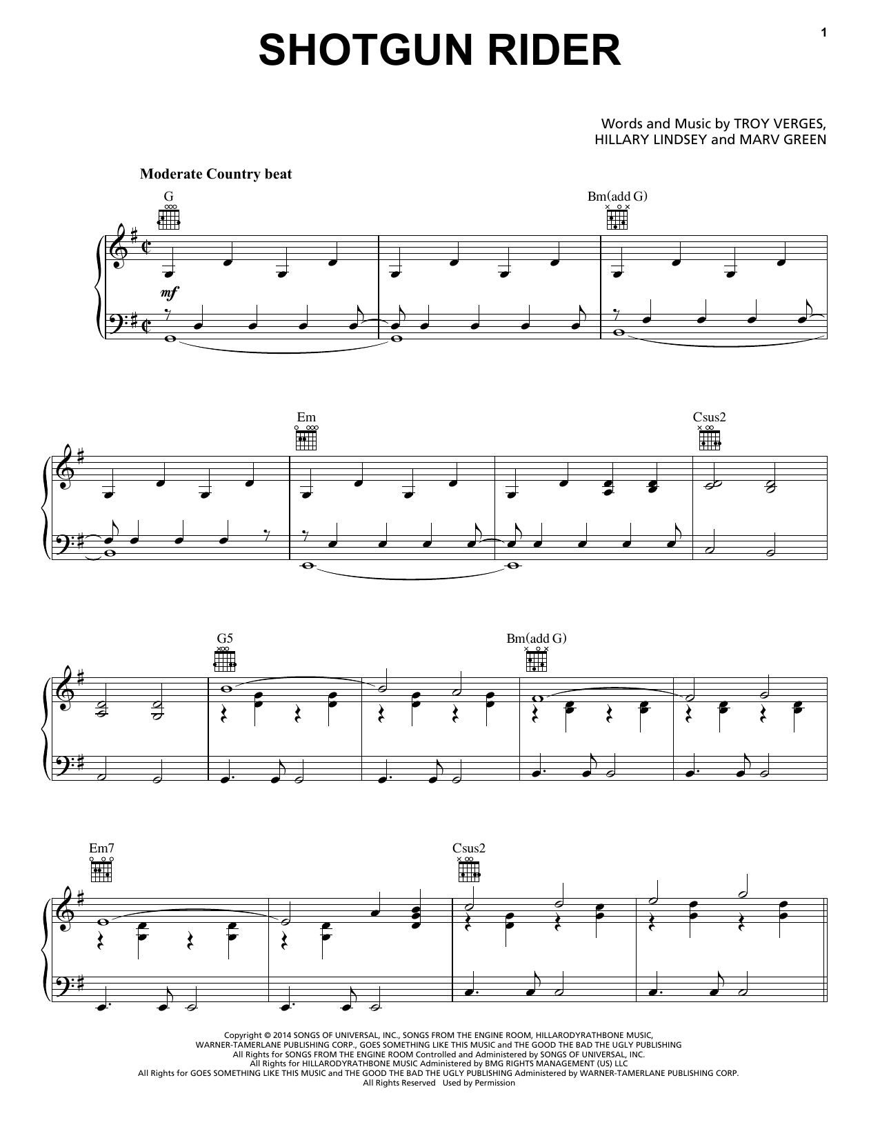 Tim McGraw Shotgun Rider sheet music notes and chords arranged for Piano, Vocal & Guitar Chords (Right-Hand Melody)