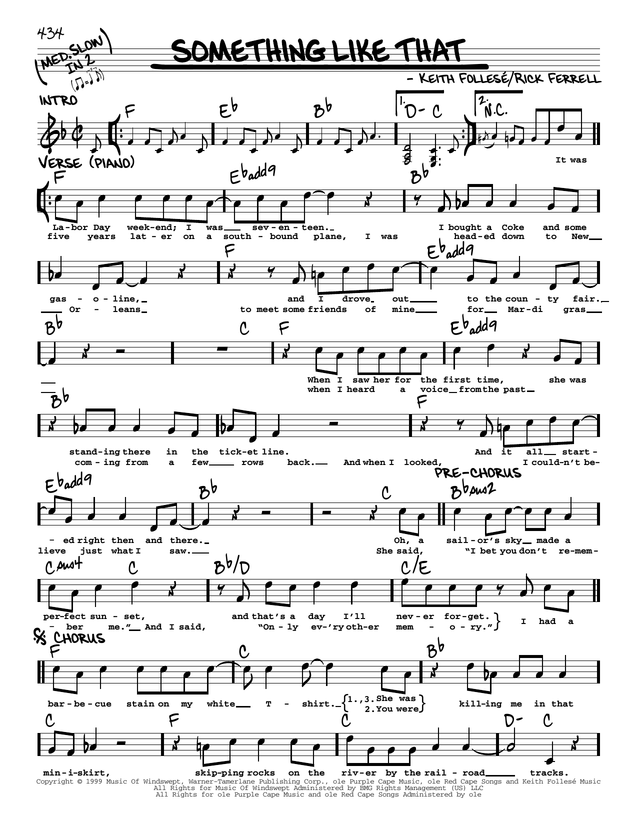 Tim McGraw Something Like That sheet music notes and chords arranged for Real Book – Melody, Lyrics & Chords