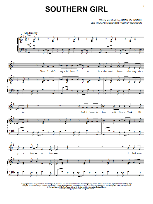 Tim McGraw Southern Girl sheet music notes and chords arranged for Piano, Vocal & Guitar Chords (Right-Hand Melody)