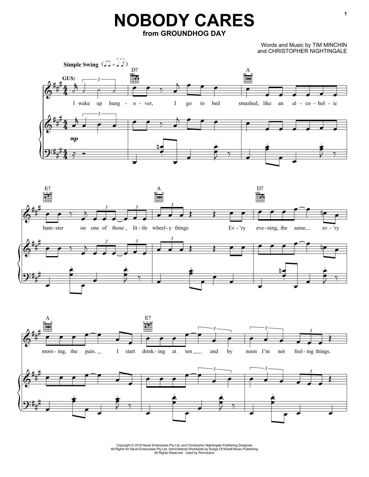 Tim Minchin and Christopher Nightingale Nobody Cares (from Groundhog Day The Musical) sheet music notes and chords arranged for Piano, Vocal & Guitar Chords (Right-Hand Melody)
