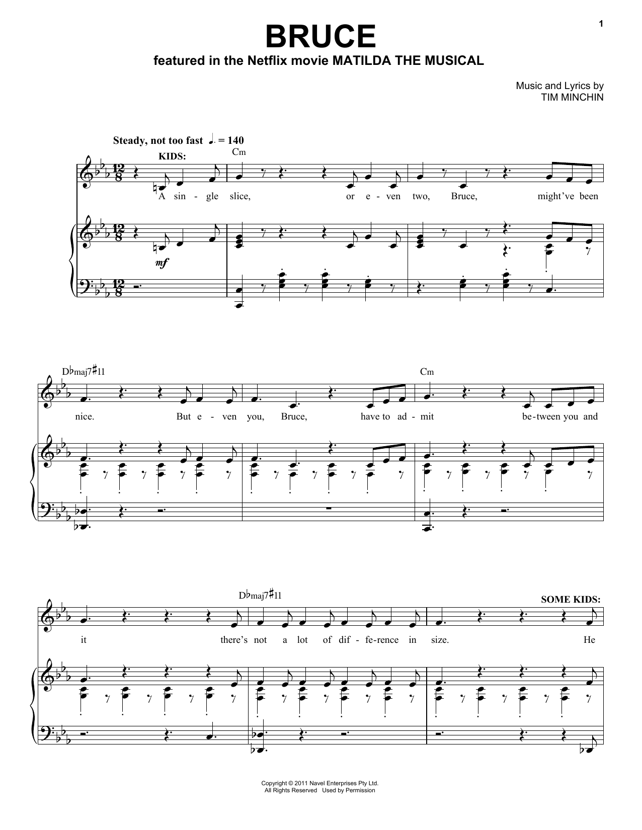Tim Minchin Bruce (from the Netflix movie Matilda The Musical) sheet music notes and chords arranged for Piano & Vocal