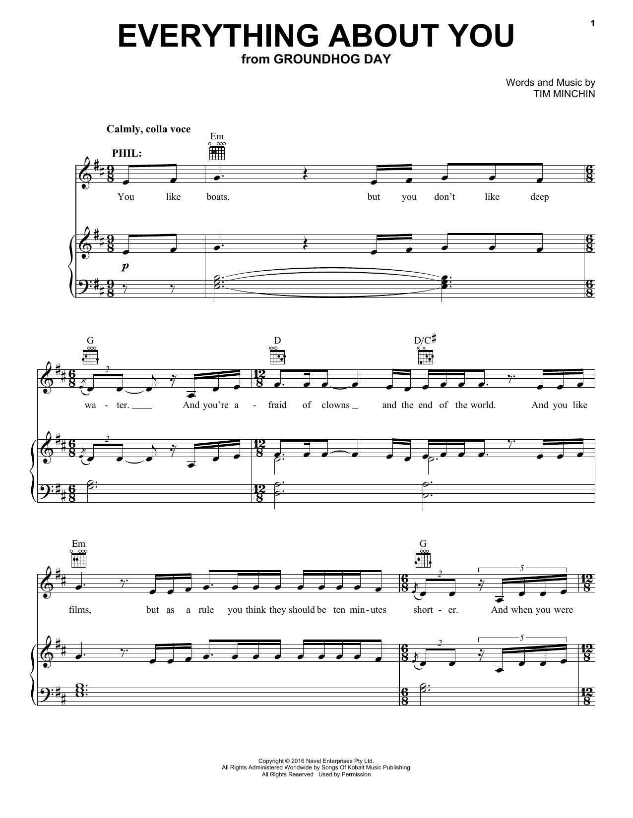Tim Minchin Everything About You (from Groundhog Day The Musical) sheet music notes and chords arranged for Piano, Vocal & Guitar Chords (Right-Hand Melody)