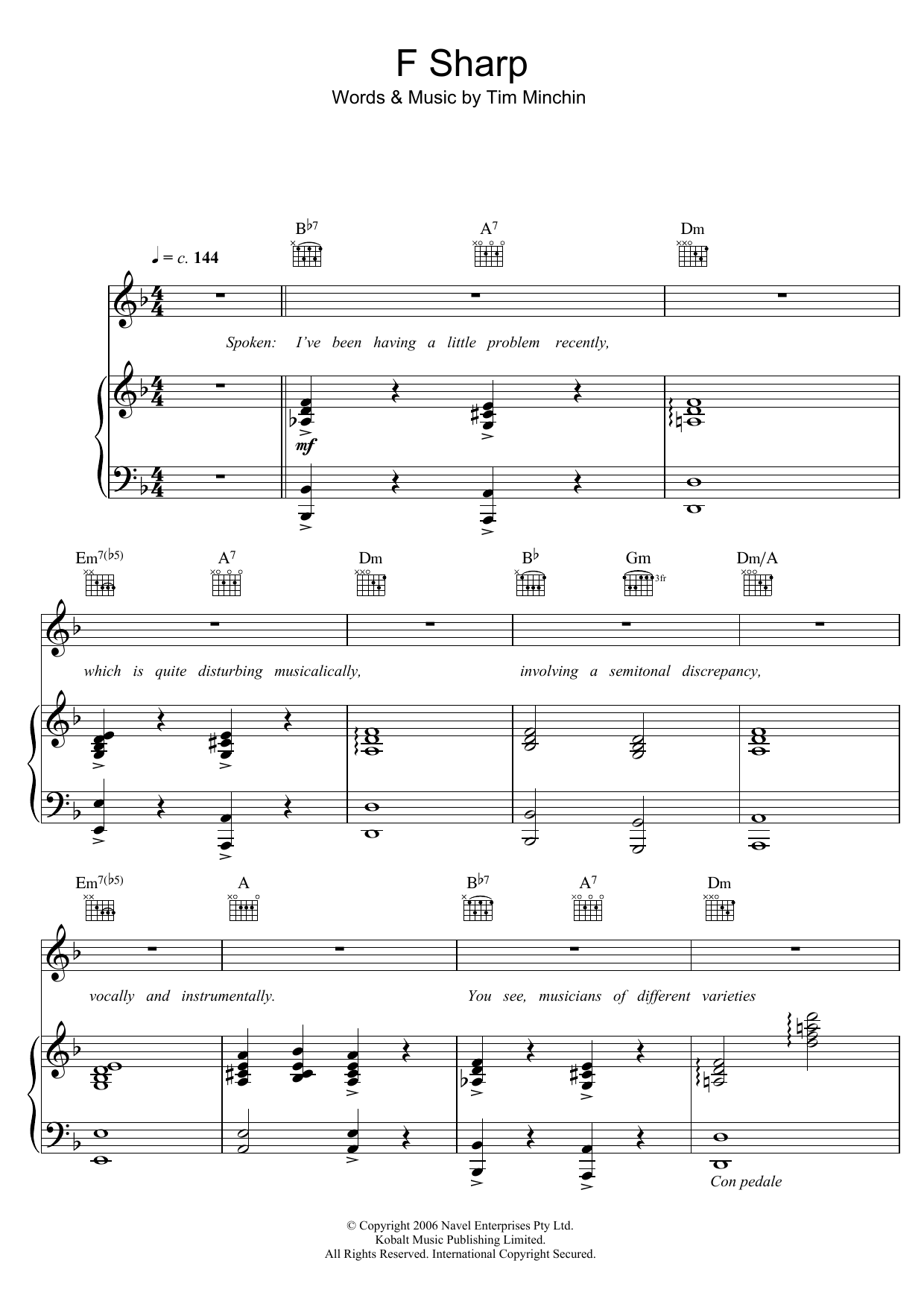 Tim Minchin F Sharp sheet music notes and chords arranged for Piano, Vocal & Guitar Chords
