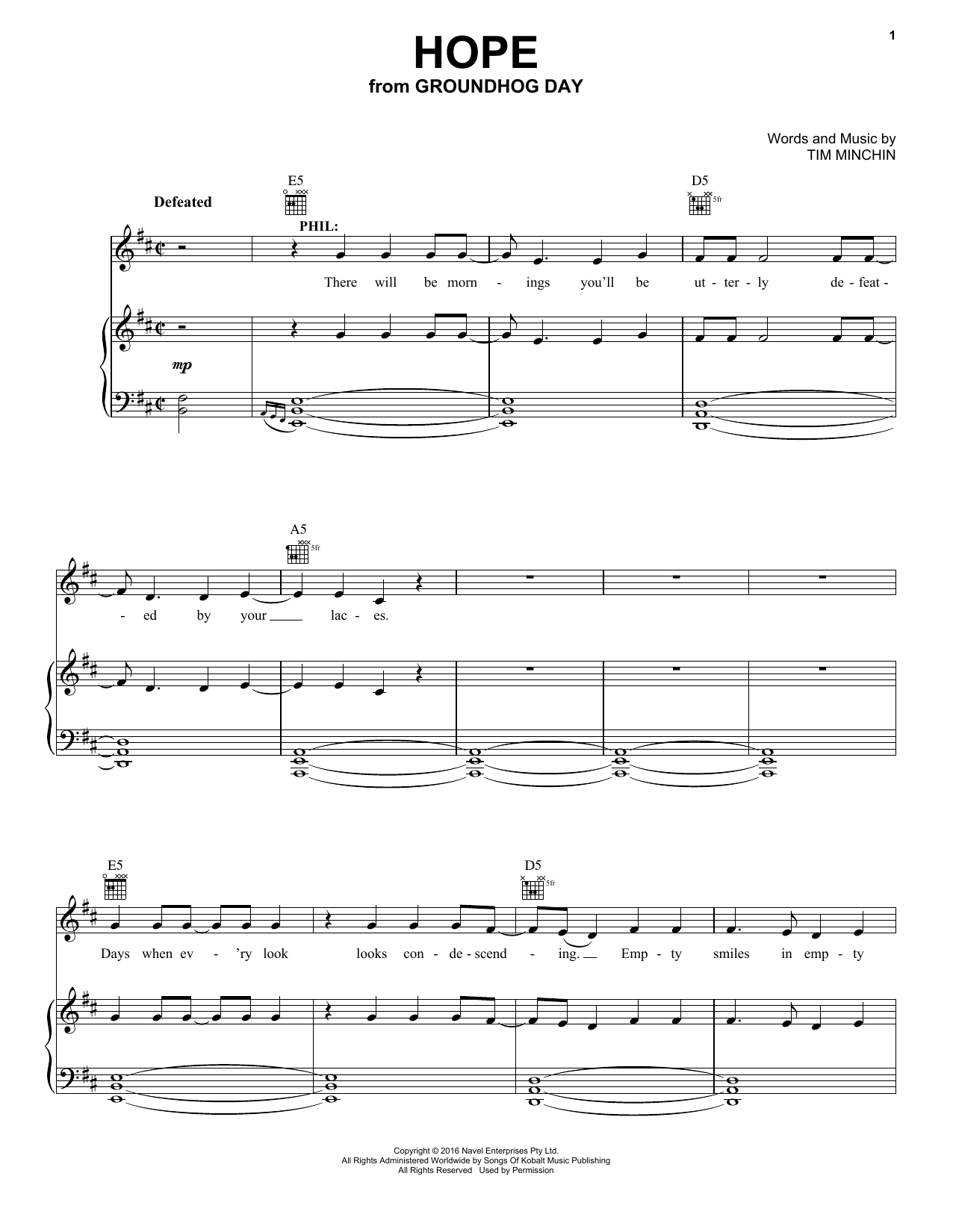 Tim Minchin Hope (from Groundhog Day The Musical) sheet music notes and chords arranged for Piano, Vocal & Guitar Chords (Right-Hand Melody)