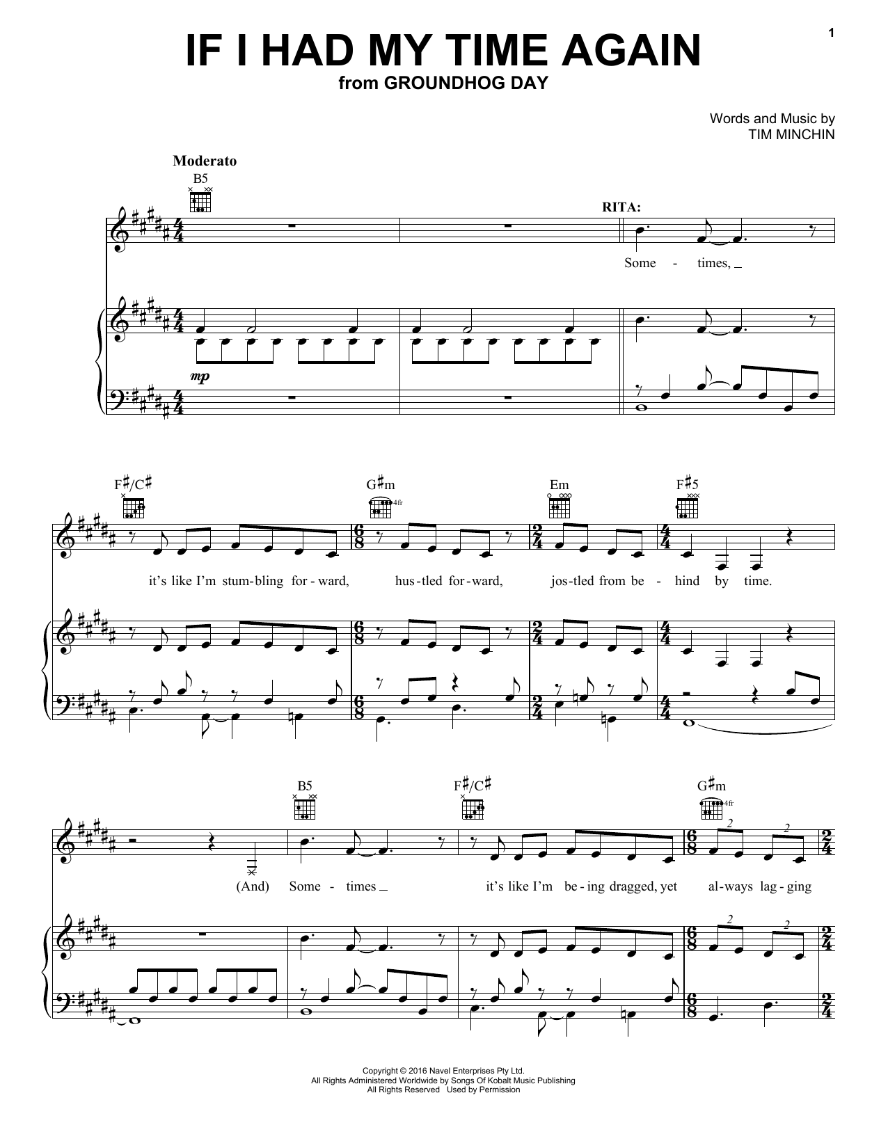 Tim Minchin If I Had My Time Again (from Groundhog Day The Musical) sheet music notes and chords arranged for Piano, Vocal & Guitar Chords (Right-Hand Melody)