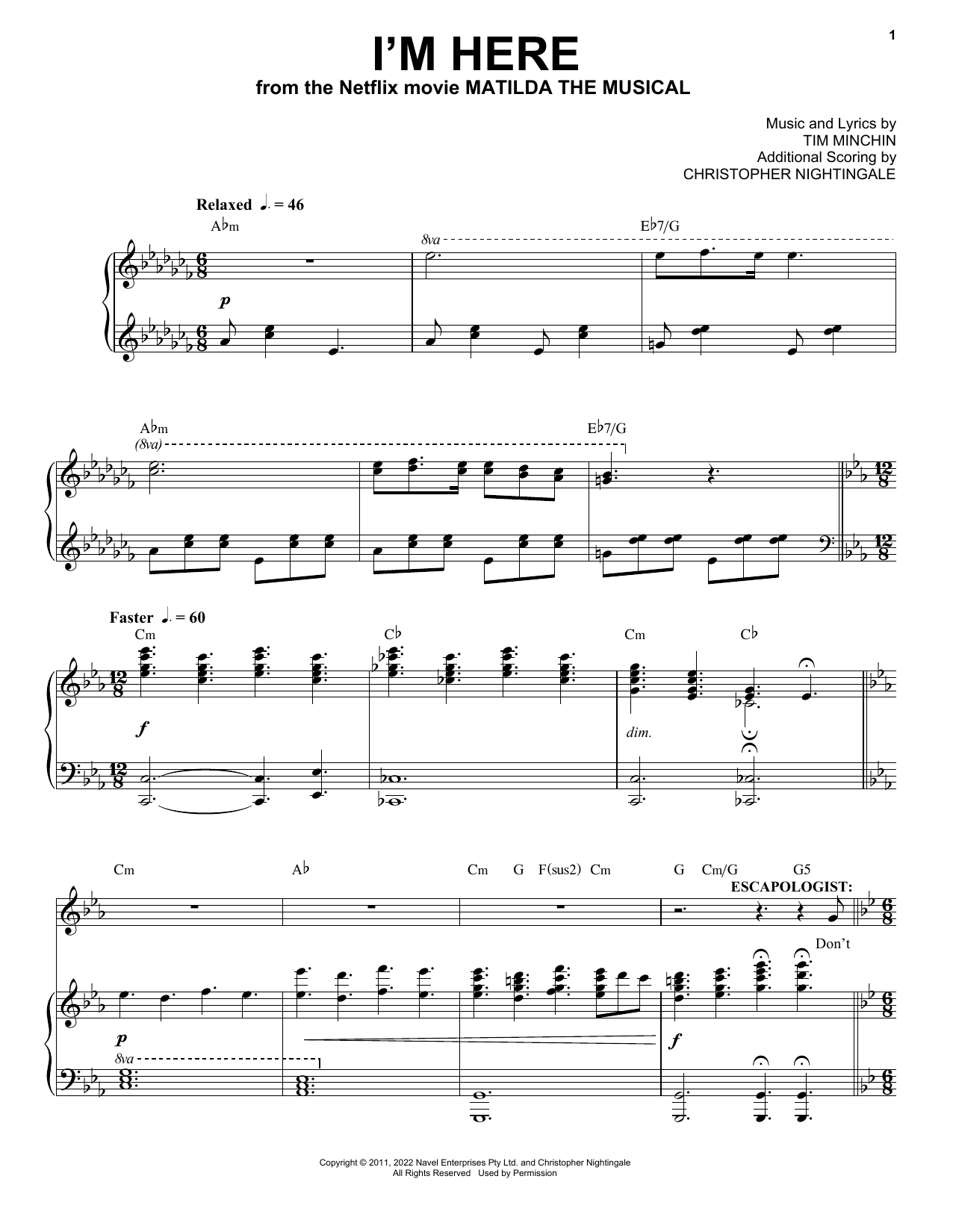Tim Minchin I'm Here (from the Netflix movie Matilda The Musical) sheet music notes and chords arranged for Piano & Vocal