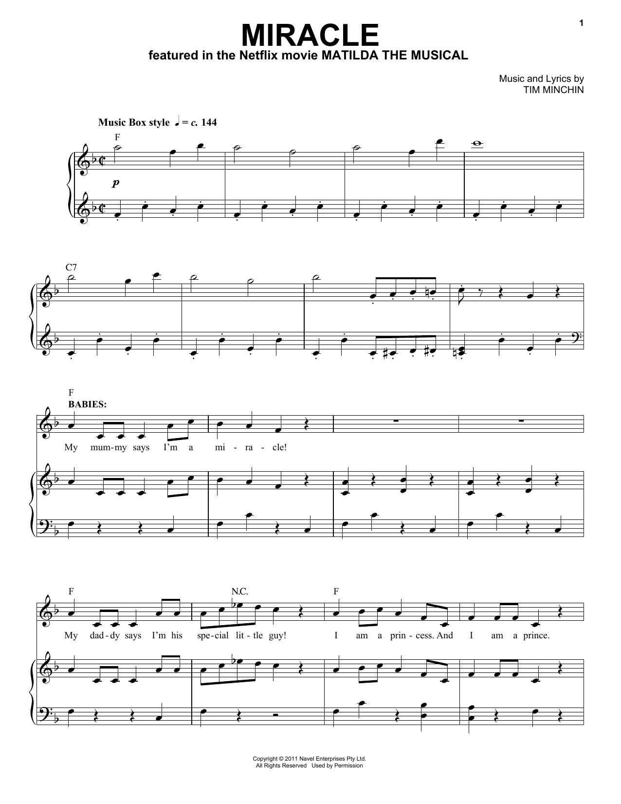 Tim Minchin Miracle (from the Netflix movie Matilda The Musical) sheet music notes and chords arranged for Piano & Vocal