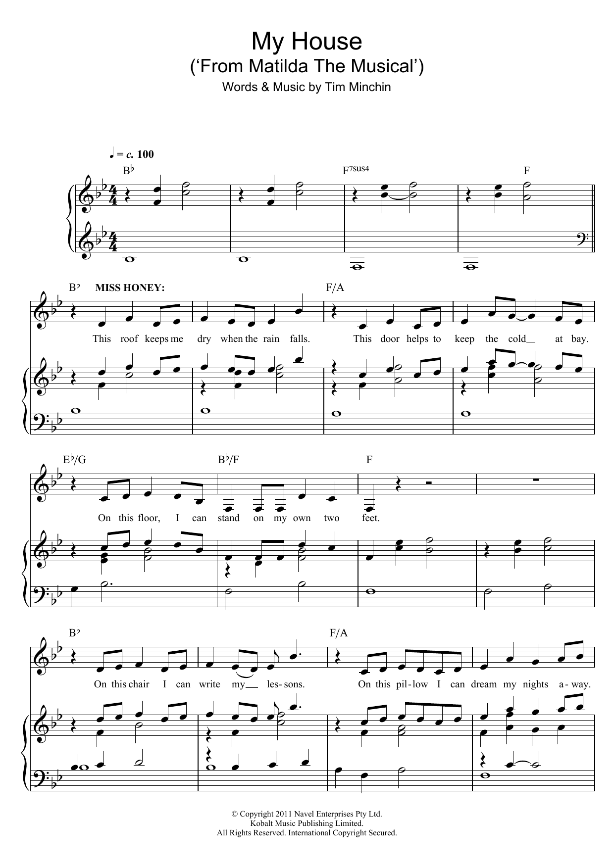 Tim Minchin My House (from Matilda the Musical) sheet music notes and chords arranged for Piano & Vocal