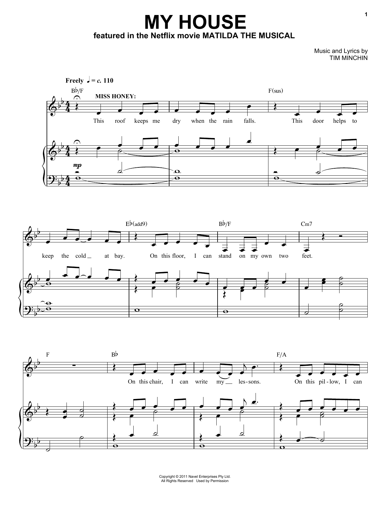 Tim Minchin My House (from the Netflix movie Matilda The Musical) sheet music notes and chords arranged for Piano & Vocal