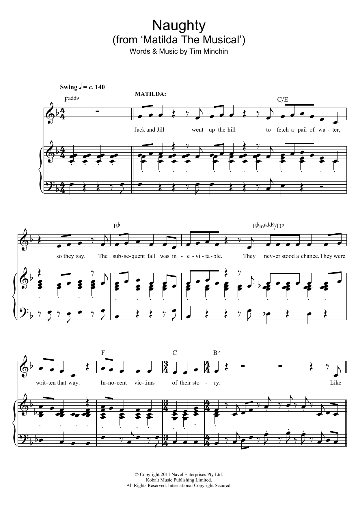 Tim Minchin Naughty (From 'Matilda The Musical') sheet music notes and chords arranged for Easy Piano