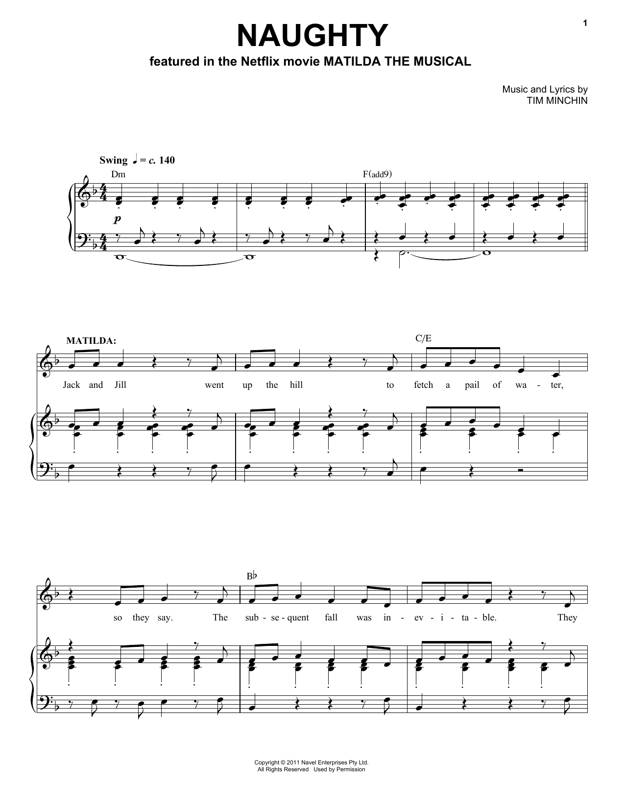 Tim Minchin Naughty (from the Netflix movie Matilda The Musical) sheet music notes and chords arranged for Piano & Vocal