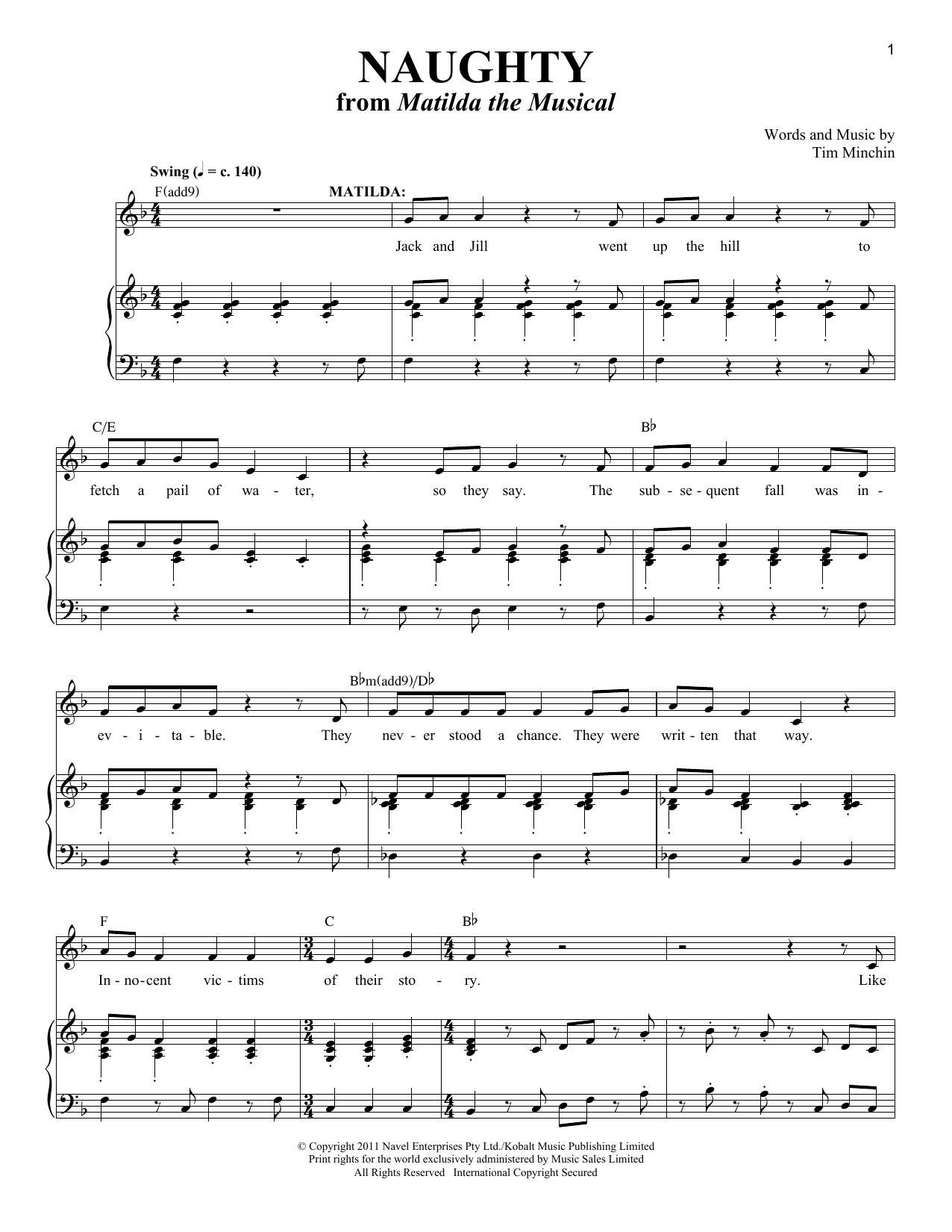 Tim Minchin Naughty sheet music notes and chords arranged for Piano & Vocal