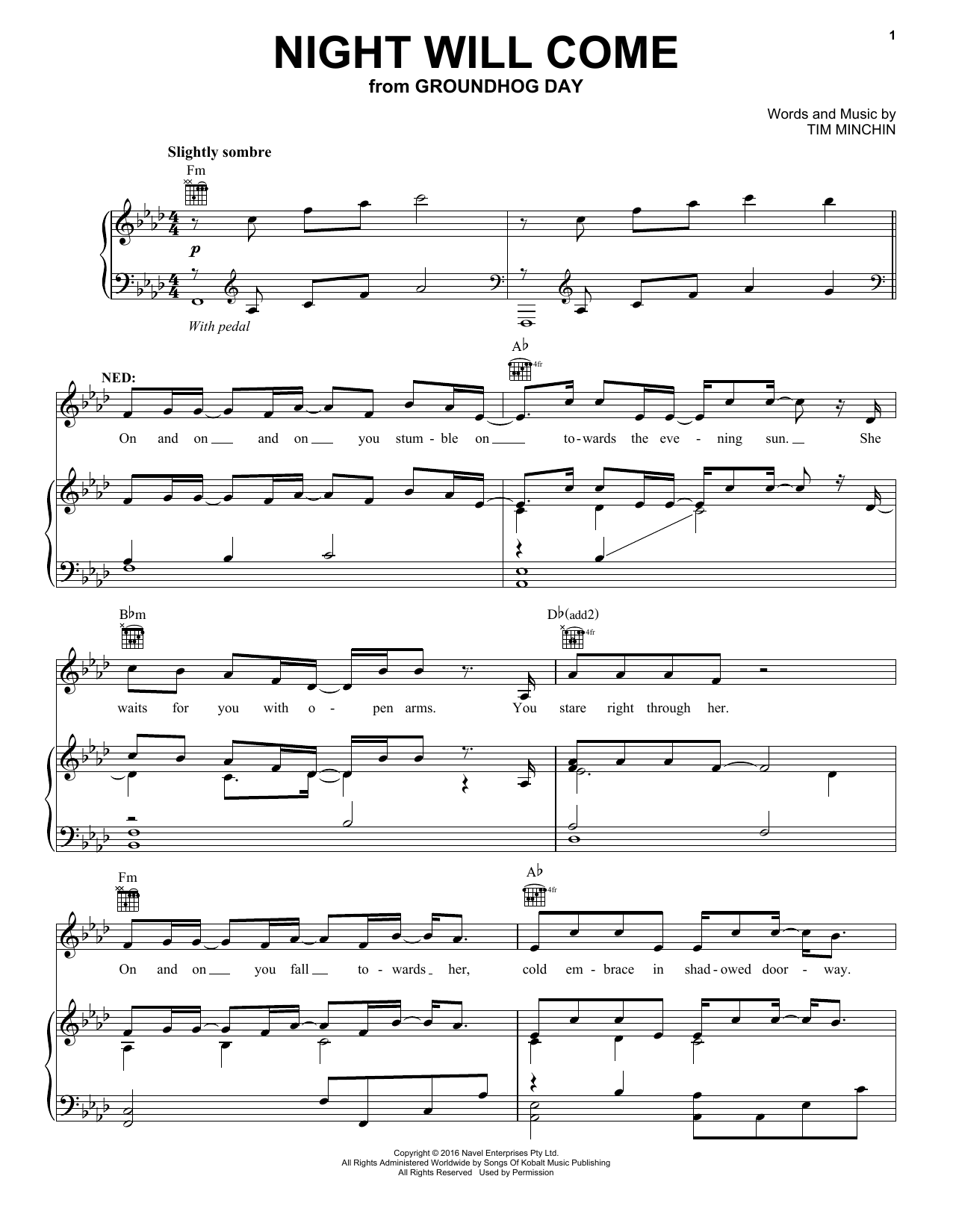 Tim Minchin Night Will Come (from Groundhog Day The Musical) sheet music notes and chords arranged for Piano, Vocal & Guitar Chords (Right-Hand Melody)