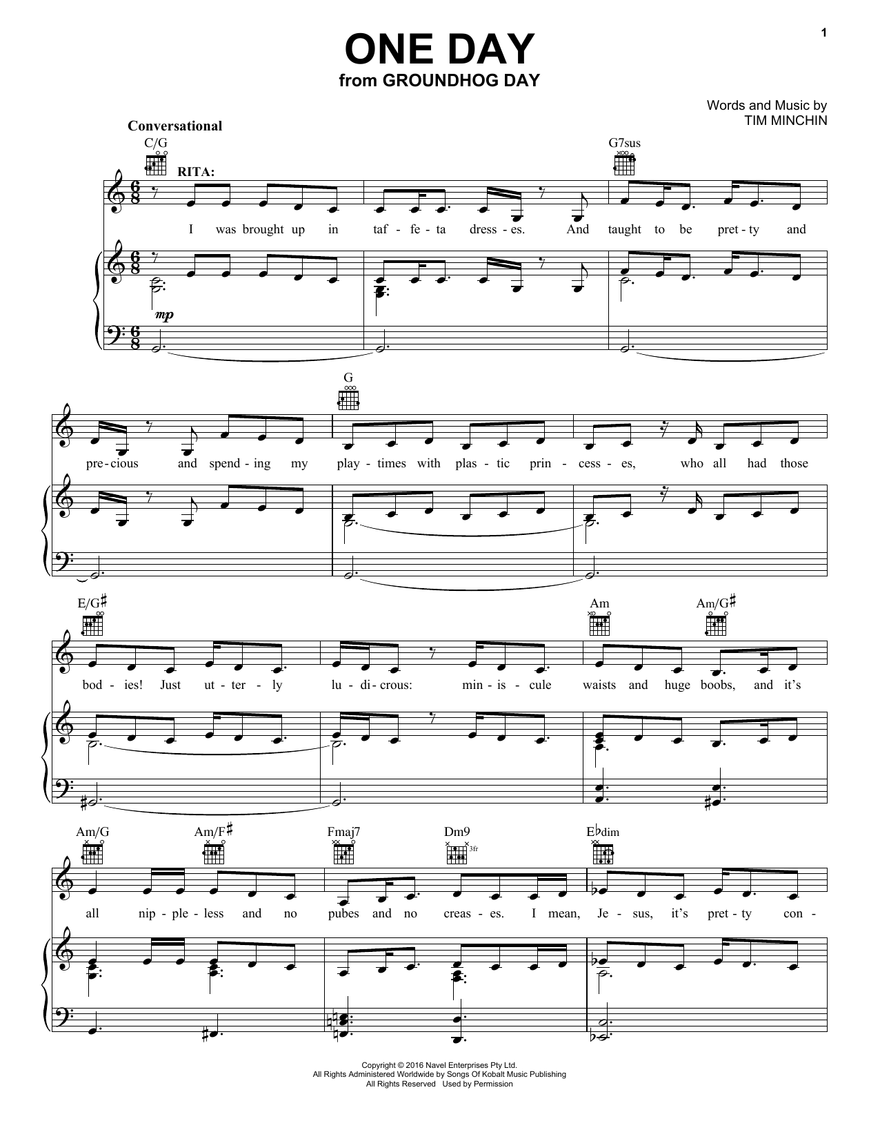 Tim Minchin One Day (from Groundhog Day The Musical) sheet music notes and chords arranged for Piano & Vocal