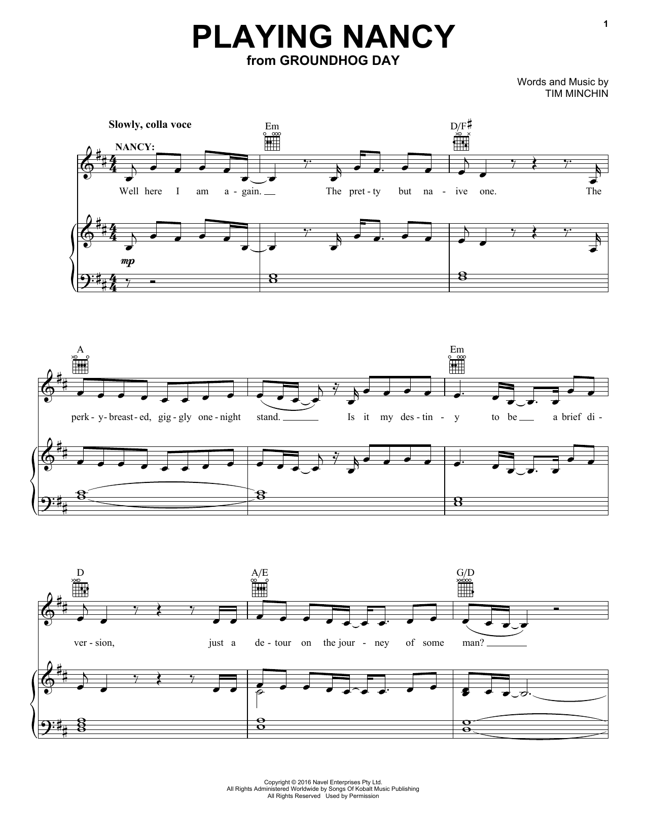 Tim Minchin Playing Nancy (from Groundhog Day The Musical) sheet music notes and chords arranged for Piano, Vocal & Guitar Chords (Right-Hand Melody)