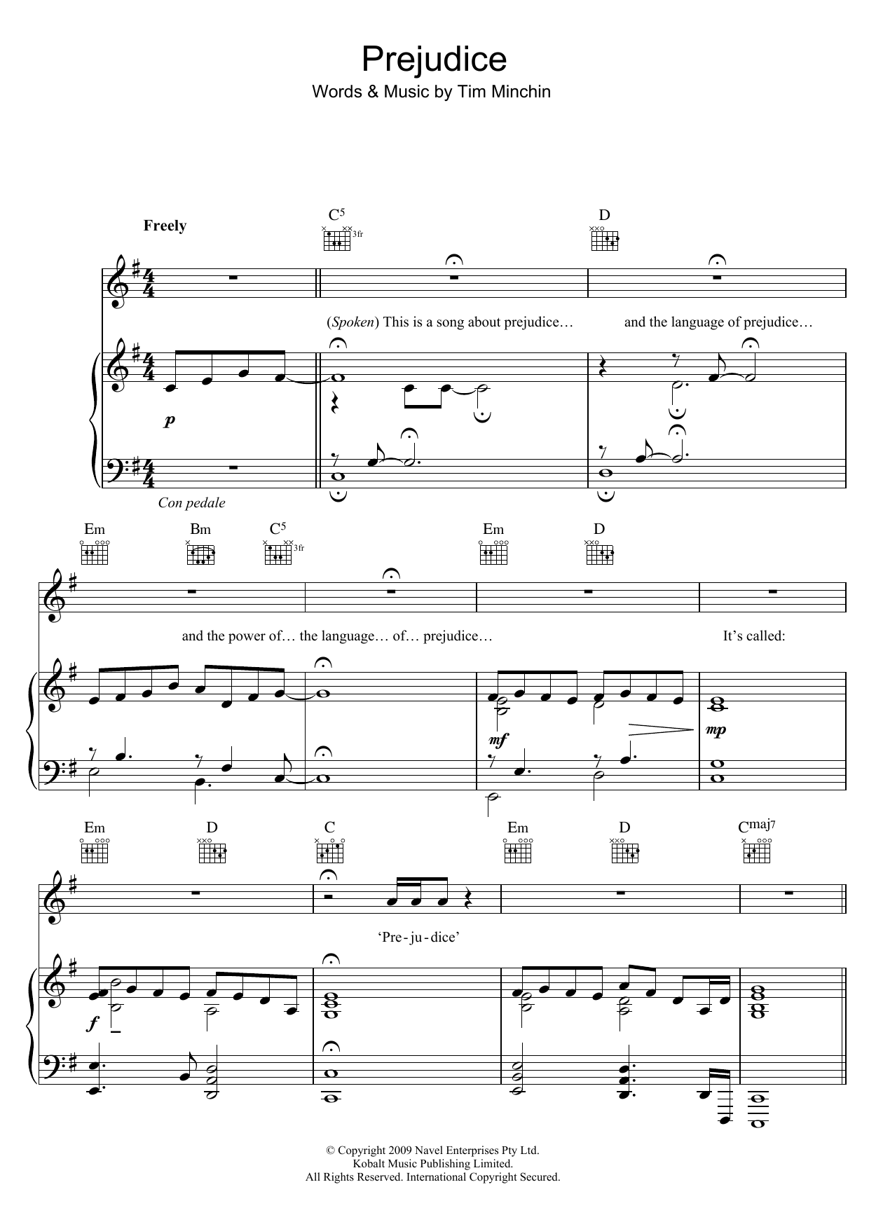 Tim Minchin Prejudice sheet music notes and chords arranged for Piano, Vocal & Guitar Chords