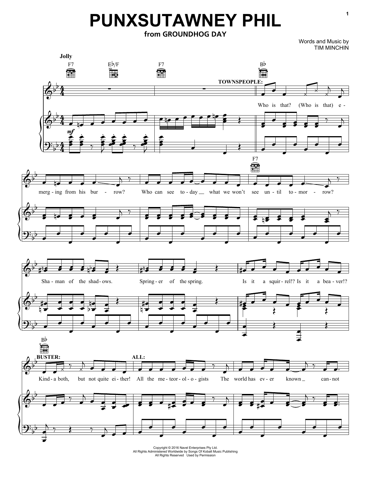 Tim Minchin Punxsutawney Phil (from Groundhog Day The Musical) sheet music notes and chords arranged for Piano, Vocal & Guitar Chords (Right-Hand Melody)