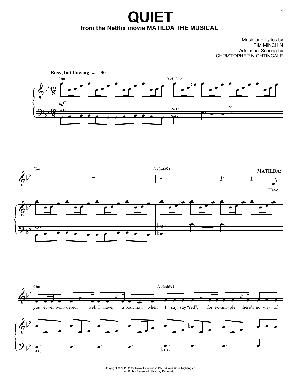 Tim Minchin Quiet (from the Netflix movie Matilda The Musical) sheet music notes and chords arranged for Piano & Vocal