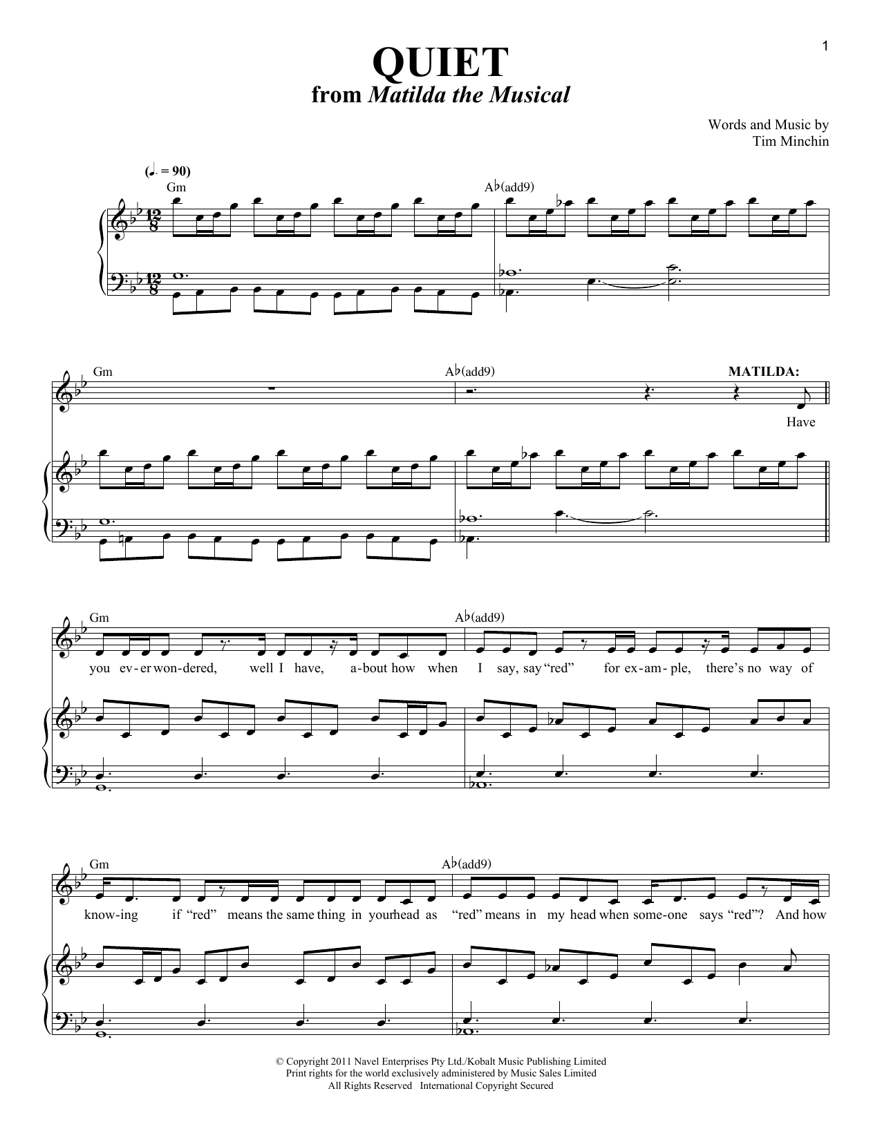Tim Minchin Quiet sheet music notes and chords arranged for Piano & Vocal